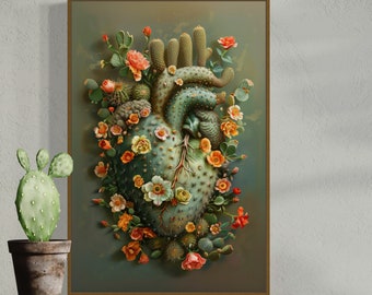 Surreal Blooming Heart - Whimsical Cactus Flower Art Print, Rustic Boho Wall Art Decor for Home and Above Bed