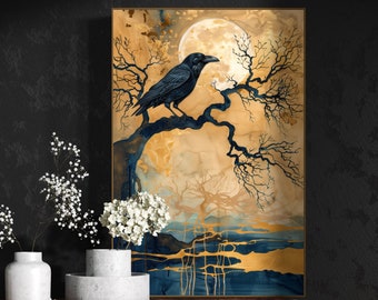 Dark Raven Mystique - Atmospheric Raven Art Print, Dramatic Moonlit Painting Print for Gothic Room Decor and Mystical Wall Art
