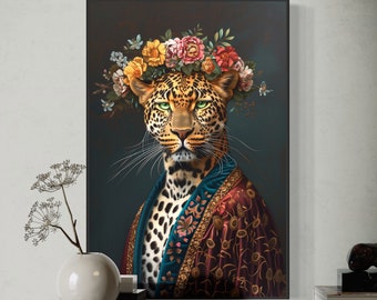 Regal Leopard Portrait - Dark Floral Print, Whimsical Victorian Animal Art, Royal Dark Academia Decor, Weird Home Artwork
