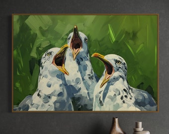 Seaside Serenade: levendige zeemeeuwkunstprint, abstracte vogelkunst voor strandhuisdecoratie, perfect voor strandkamerinrichting