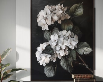 Moody Hydrangea Elegance - Dark Academia Decor Hydrangea Painting Print, White Hydrangea Bouquet Print for Floral Enthusiasts