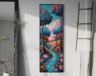 Dreamy Enchanted Forest Art- Tall Vertical Fantasy Landscape Canvas Art Print, Colorful Whimsical River Scene for Nursery and Home Decore