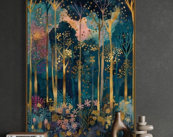 Enchanted Reverie: Gustav Klimt Inspired Magical Forest Art - Luxury Wall Art for Autumnal Home Decor and Coquette Room Styling