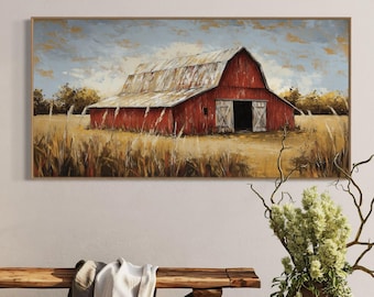 Vintage Red Barn Panorama - Rustic Country Landscape Art Print for Cozy Home Decor, Countryside Painting Print, and Farmhouse Charm