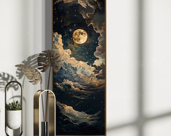 Moonlit Starry Night Canvas - Vintage Celestial Art Print, Narrow Wall Art for Rustic Decor, Perfect Moody Cloud Painting Print