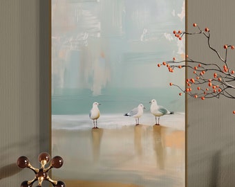 Serene Shoreline Trio: abstracte zeemeeuw kunst aan de muur print - moderne kustkunst voor strandhuisje decor en maritieme kunst charme