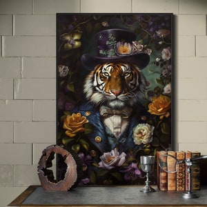 Victorian Tiger - Tiger Poster Whimsical Animal Art Print with Dark Floral Elegance, Royal Portrait for Dark Academia and Weird Home Decor