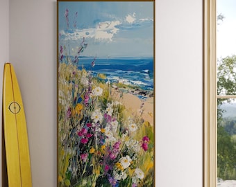 Konsttryck med vildblommande äng vid kusten – Livfullt impressionistiskt havslandskap, ljus blommig heminredning
