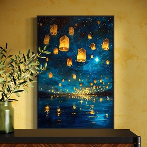 Magical Night Lantern Festival - Floating Lantern Painting Print with Starry Sky, Fantasy Art for Lake House Decor