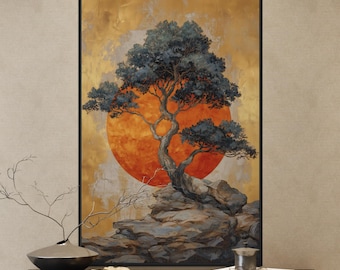 Japandi Tree Wall Art – Golden Sun Minimalist Print, Japanese Scandinavian Nature Decor, Zen Bonsai Landscape Painting
