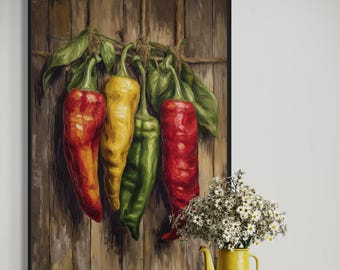 Rustieke muurkunst chilipeper – print boerderij keuken, kleurrijk schilderij hangende pepers, decor Mexicaans eten