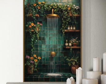 Vintage Floral Bath Canvas – Elegant Botanical Art, Moody Dark Green Wall Decor, Rustic Cottagecore Print for Bathroom or Laundry