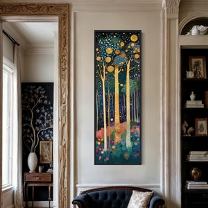 May include: A vertical abstract painting of a forest with gold and blue trees and a dark blue background. The trees are decorated with gold circles and dots.