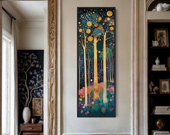 Magical Enchanted Forest Wall Art – Klimt-Inspired Abstract Tree Print with Gold Accents, Atmospheric Long Narrow Art for Vertical Decor