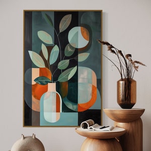 Botanical Elegance in Boho: Earth-Toned Leaves on Minimalist Vase Print, Mid-Century Modernist Art for Abstract Canvas Art Decor
