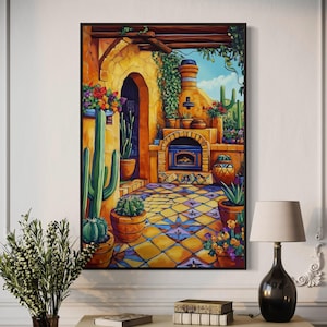 Mexican Outdoor Kitchen Canvas – Rustic Patio Art Print, Boho Hacienda Decor, Cactus Wall Art for Living Room or Above Bed