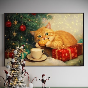Christmas Cat Wall Art – Festive Ginger Cat Canvas Print for Cozy Holiday Room Decor