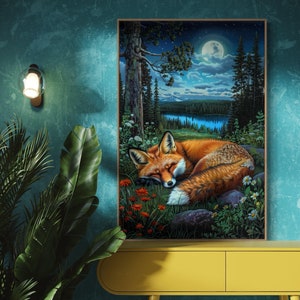 Sleeping Red Fox in Starry Night Forest - Enchanted Woodland Painting Print for Relaxing Wilderness Art and Wildflower Charm