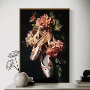 Ballet Pointe Shoes Art Print – Vintage Roses Floral Dance Wall Art, Romantic Ballerina Decor, Pink Ballet Wall Print, Feminine Art