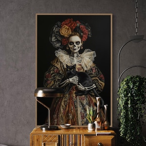 Skeleton Woman Wall Art – Day of the Dead Portrait Print, Gothic Black Cat Decor, Halloween Aesthetic Art, Macabre Vintage Style