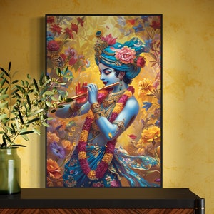 Divine Melody: Lord Krishna Canvas Art Print - Spiritual Poster for Meditation and Yoga Studio Decor