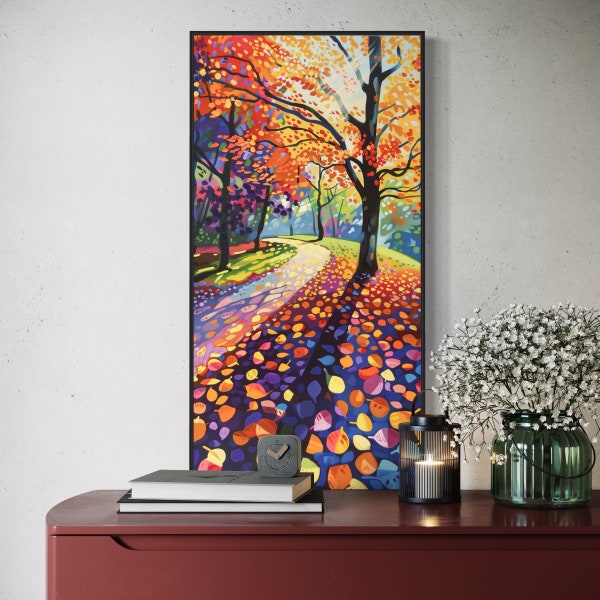 Enchanted Autumn Path: Vibrant Artwork of a Forest Scene | Colorful Wall Art for Modern Impressionism Art for Autumnal Home Decor