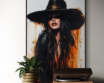 Retrato de mujer elegante – Arte de pared de moda chic, lienzo con sombrero llamativo para la decoración del dormitorio o la sala de estar, pieza femenina con carácter