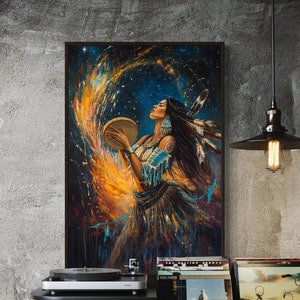 May include: A painting of a Native American woman in a colourful dress and headdress, holding a drum and surrounded by a swirling, fiery design against a dark blue background with stars.