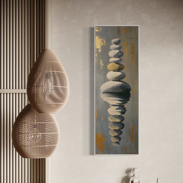 Zen Balance: Tall Vertical Meditation Stone Wall Art | Modern Zen Wall Decor with Stacked Rocks and Water Reflection for Narrow Spaces