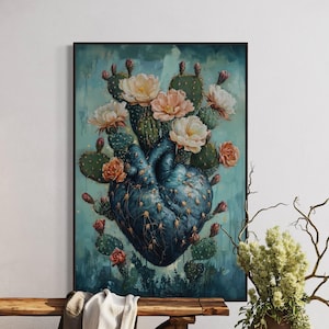 Heart-Shaped Cactus Canvas – Romantic Desert Art, Blooming Succulent Print, Mystical Botanical Decor for Modern Boho Home