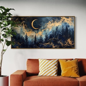 Dreamy Celestial Forest Panorama - Starry Night Print and Crescent Moon Art on Navy Blue Canvas for Moody Long Narrow Wall Decor