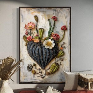 Whimsical Heart-Shaped Cactus Painting Print - Blooming Flower Art for Rustic Home Decor, Boho Wall Art, and Southwest Above Bed Decor