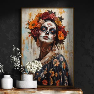 Día de los Muertos Art Print - Sugar Skull Woman Portrait, Day of the Dead Wall Art, Mexican Folk Art Decor, Boho Floral Print