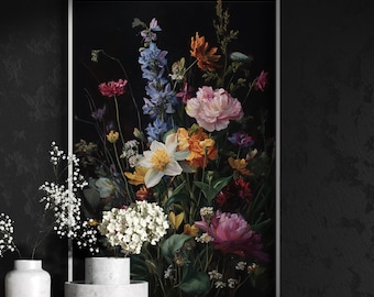 Dark Floral Bouquet Wall Art Print – Moody Botanical Still Life Painting, Vintage Flower Poster for Home or Gallery Wall