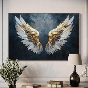 Elegant Golden Angel Wings Canvas - Peaceful Modern Abstract Art for Above Bed Decor, Spiritual Poster, and Mystical Divine Painting Print