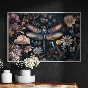 Whimsical Dragonfly Wall Art - Dark Floral Print for Home Decore, William Morris Inspired Above Bed Decor and Dark Academia Charm