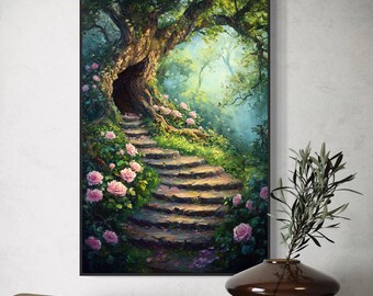 Mystical Tree Art – Enchanted Forest Canvas, Fairytale Woodland Print, Dreamy Nature Decor
