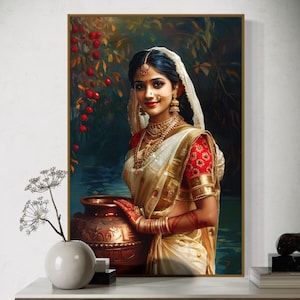 Elegant Indian Woman Portrait: Vibrant South Asian Wall Art – Beautiful Indian Girl Painting Print for Coquette Room Decor