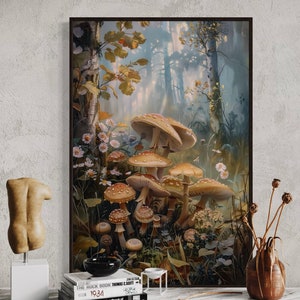 Mushrooms in Enchanted Forest - Mystical Canvas Art with Wildflowers and Mushroom Painting Print for Autumnal Home Decor and Rustic Charm