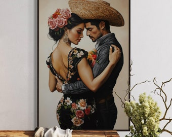 Romantic Mexican Couple Canvas - Vibrant Latin American Print with Floral Embroidered Dress and Sombrero, Perfect for Living Room