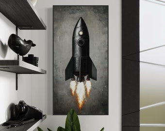 Lanzamiento de cohete vintage: elegante impresión de cohete negro para decoración de exploración espacial, habitación de niño o acento de estilo industrial sobre sofá.