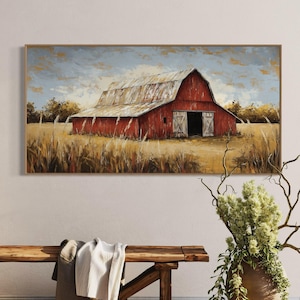 Vintage Rote Scheune Panorama - Rustikale Landschaft Kunstdruck für gemütliche Wohnkultur, Bauernhaus Charme