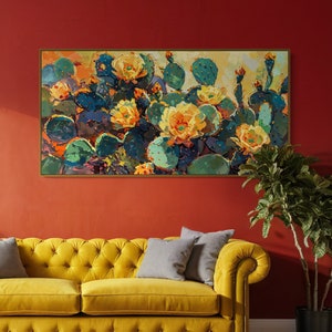 Blooming Opuntia Cactus - Lively Desert Landscape Art, Prickly Pear Cactus Art for Home Decore, Arizona & New Mexico Art