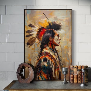 May include: A painting of a Native American man wearing a colourful headdress and traditional clothing. The painting is done in a stylised, abstract style with bold brushstrokes and vibrant colours.