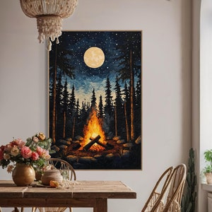 Campfire Under the Stars Wall Art - Enchanted Forest Canvas Print with Full Moon, Starry Night Sky, and Cozy Woodland Scene