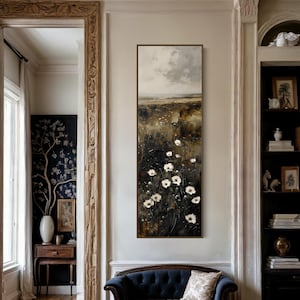 Rustic Charm in Wildflower Meadow - Pastoral Landscape Print for Tall Vertical Wall Art, Narrow Wall Decor, and Moody Meadow Painting Print