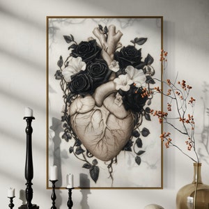 Gothic Anatomical Heart Wall Art - Mystical Black Rose and White Flower Canvas Print, Dark Botanical Decor for Above Bed or Couch