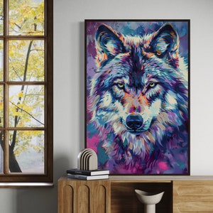 Colorful Alaskan Wolf Print - Vibrant Gray Wolf Art Canvas, Perfect Wildlife Poster and Animal Wall Art for Man Cave Decor