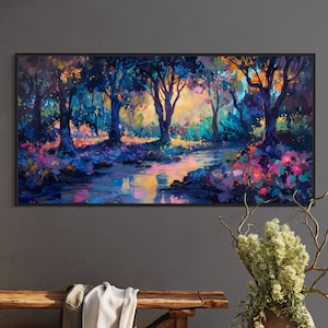 Sunrise Enchanted Forest - Vivid Colors Of Fantasy Forest Art Print, Abstract Forest Expressionism, Forest Print with River Artwork