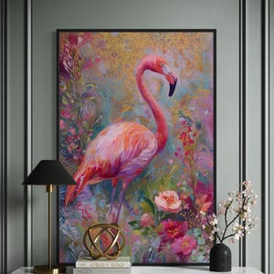 Pink Flamingo Wall Art Print – Tropical Floral Canvas with Gold Pattern, Vibrant Exotic Bird Decor, Botanical Jungle Illustration